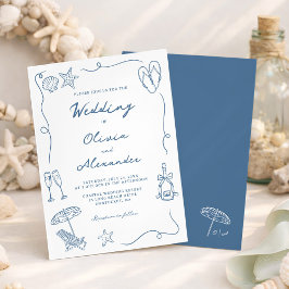 Convite Whimsical Hand Drawn Coastal Blue Beach Wedding