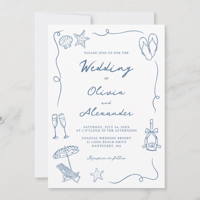 Convite Whimsical Hand Drawn Coastal Blue Beach Wedding (Frente)