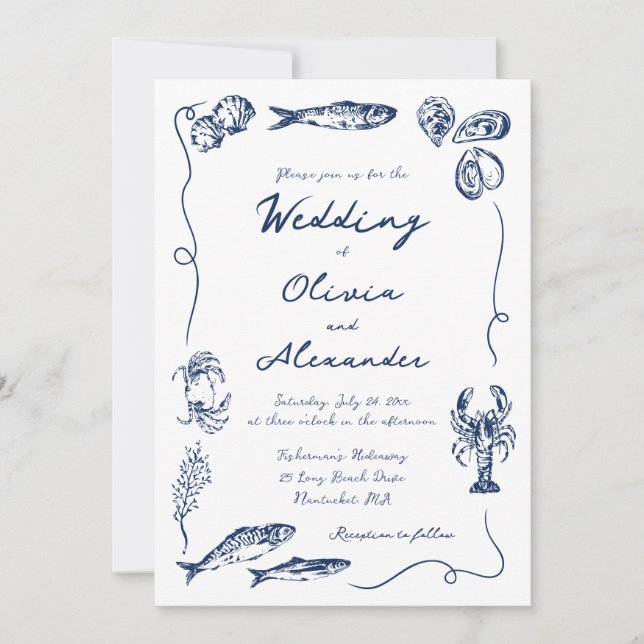 Convite Whimsical Hand Drawn Coastal Navy Blue Wedding (Frente)