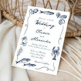 Convite Whimsical Hand Drawn Coastal Navy Blue Wedding