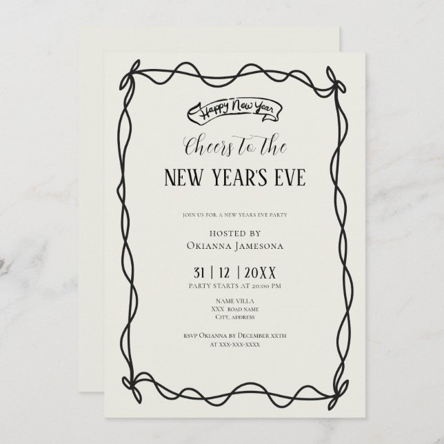 Convite Whimsical Hand Drawn Coquette New Years Eve Party (Frente/Verso)