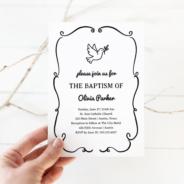 Convite Whimsical Hand-Drawn Dove | Baptism (Criador carregado)