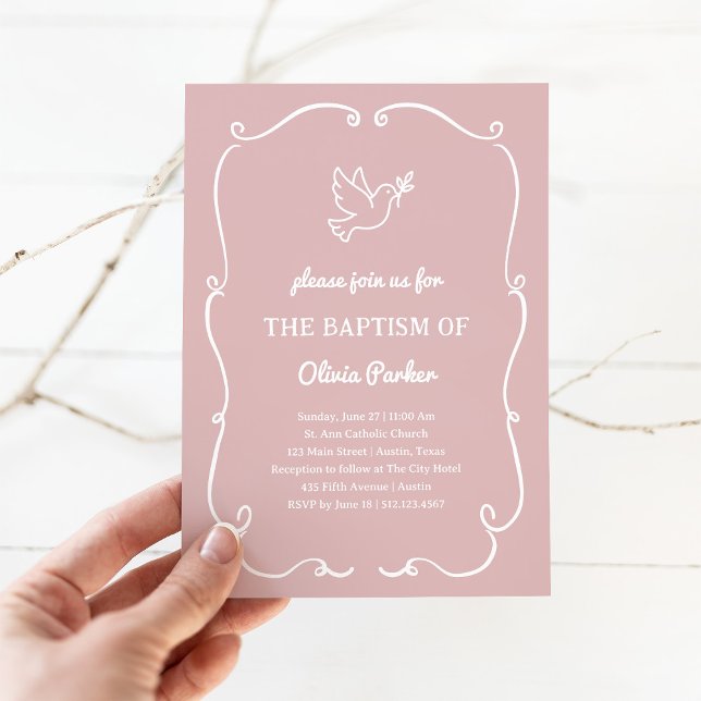 Convite Whimsical Hand-Drawn Dove Pink | Baptism (Criador carregado)