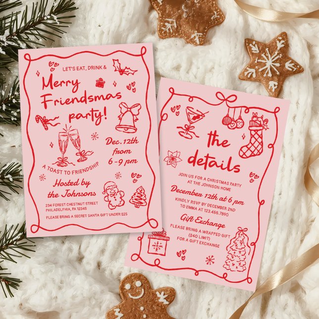 Convite Whimsical Hand Drawn Friendsmas Christmas Party (Criador carregado)