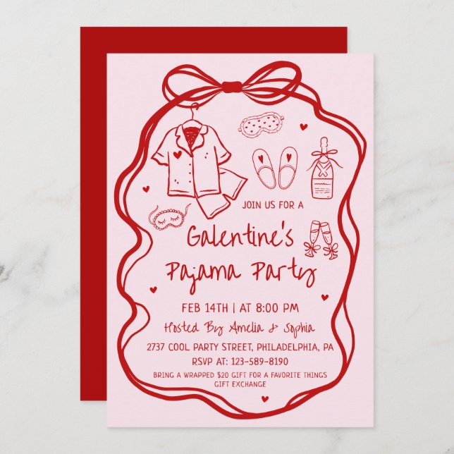 Convite Whimsical Hand Drawn Galentine's Pajama Party  (Frente/Verso)