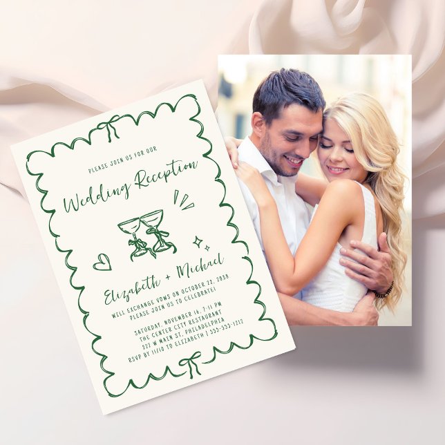 Convite Whimsical Hand Drawn Green Photo Wedding Reception (Fun reception invitation featuring whimsical hand drawn wine glasses with hearts + coquette bows)