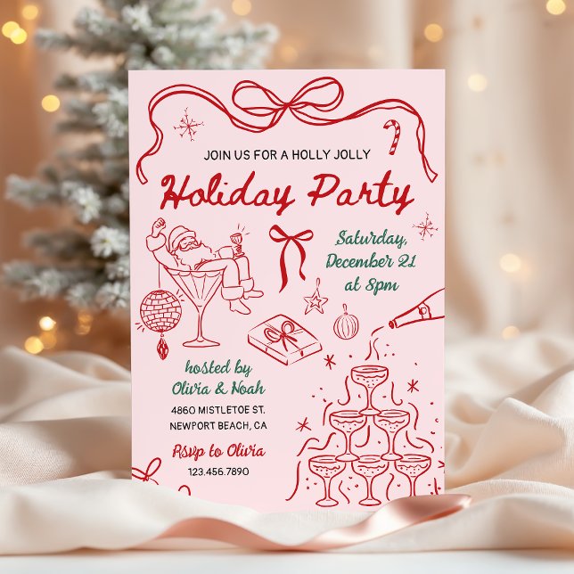 Convite Whimsical Hand Drawn Holly Jolly Holiday Party (Criador carregado)