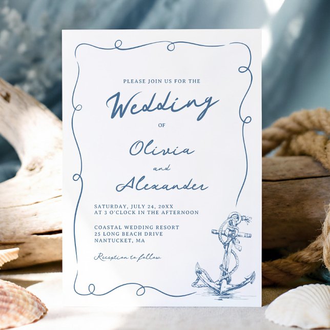 Convite Whimsical Hand Drawn Nautical Anchor Wedding  (Criador carregado)