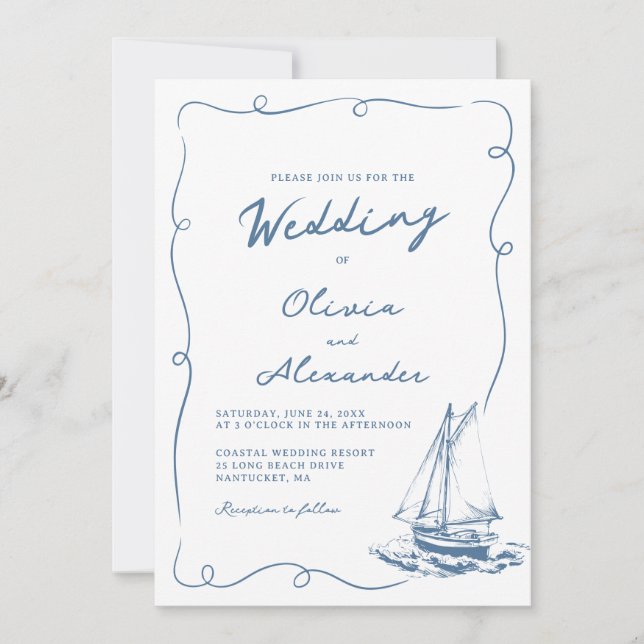 Convite Whimsical Hand Drawn Nautical Sailboat Wedding (Frente)