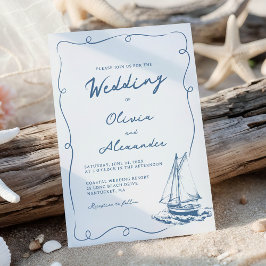 Convite Whimsical Hand Drawn Nautical Sailboat Wedding
