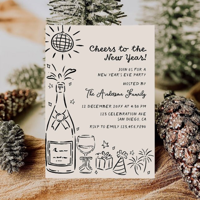 Convite Whimsical Hand Drawn New Years Eve Party (Criador carregado)