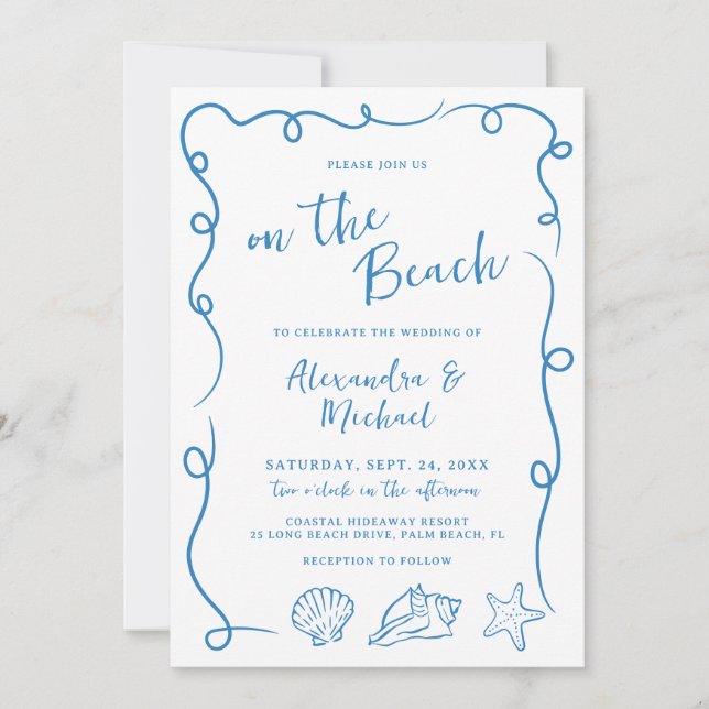 Convite Whimsical Hand Drawn On the Beach Wedding (Frente)
