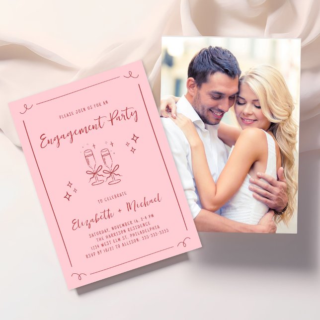Convite Whimsical Hand Drawn Pink Red Engagement Party (Criador carregado)