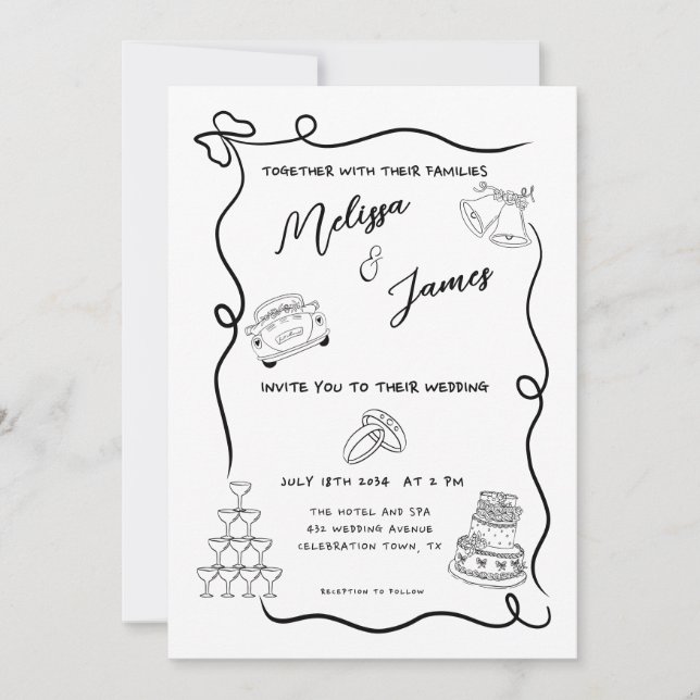 Convite Whimsical Hand Drawn Quirky Wedding (Frente)