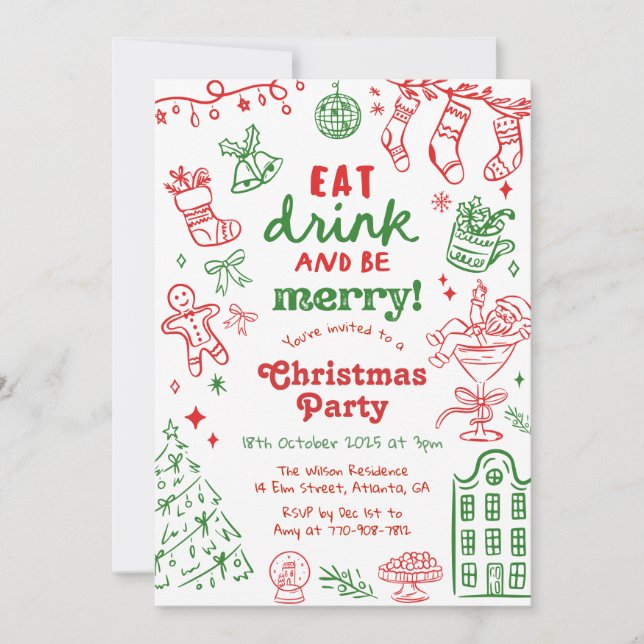 Convite Whimsical Hand Drawn Red and Green Christmas Party (Frente)