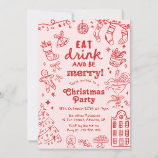Convite Whimsical Hand Drawn Red and Pink Christmas Party