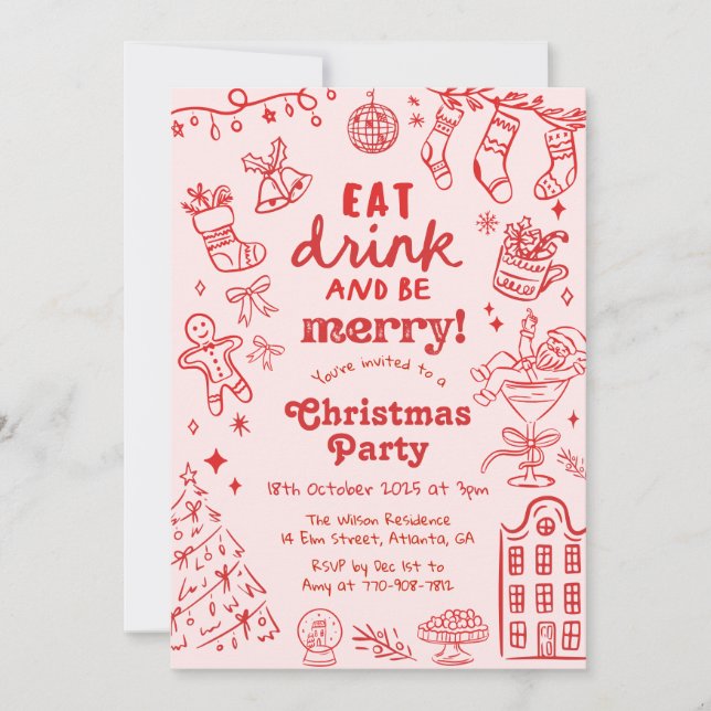 Convite Whimsical Hand Drawn Red and Pink Christmas Party (Frente)