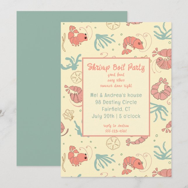Convite Whimsical Hand Drawn Shrimp Summer Party (Frente/Verso)