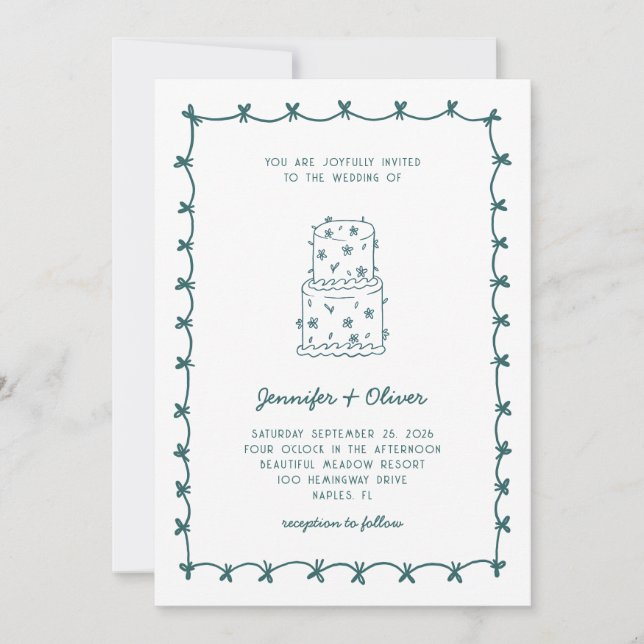 Convite Whimsical Hand Drawn Wedding Cake Teal (Frente)