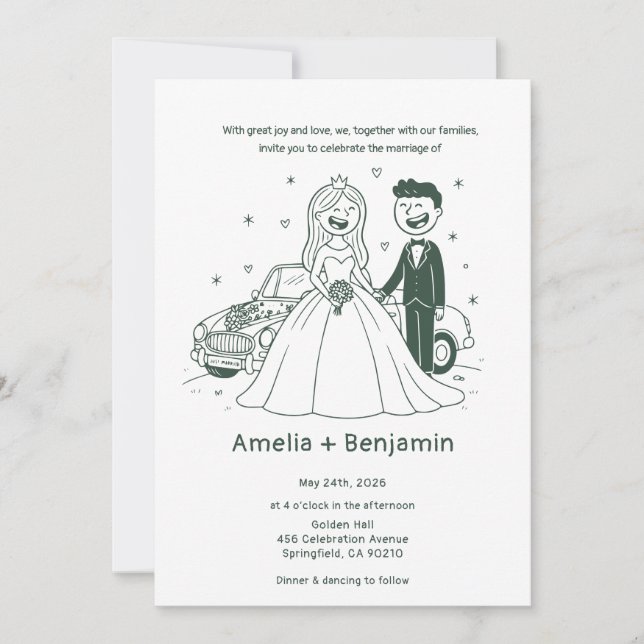 Convite Whimsical Hand Drawn Wedding Couple | Wedding  (Frente)