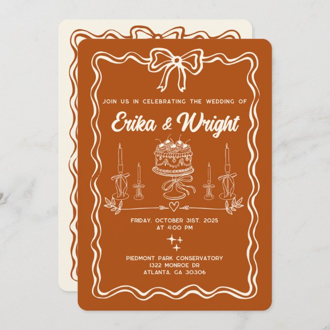 Convite Whimsical Hand Drawn Wedding Invitation Cute Bows (Frente/Verso)