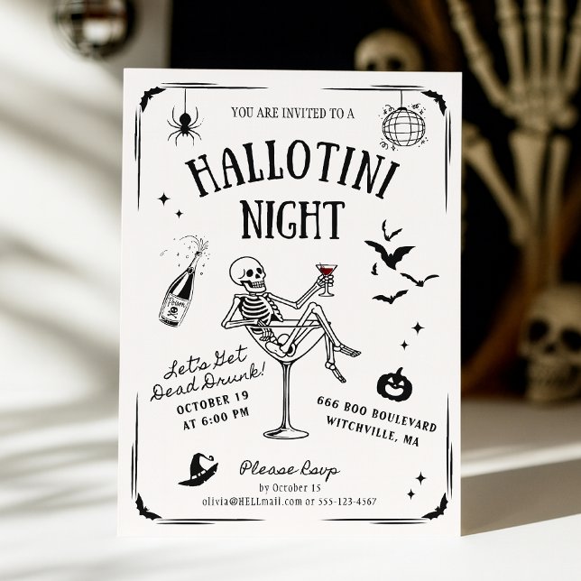 Convite Whimsical Handwritten Skeleton Martini Halloween  (Criador carregado)