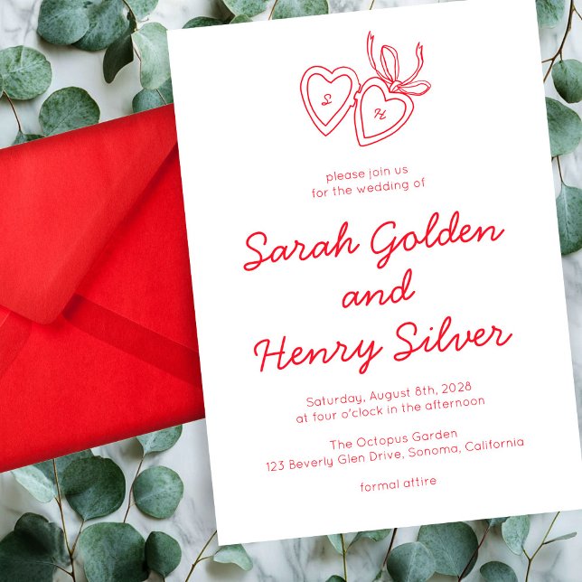 Convite Whimsical Heart Locket Doodle Sketch Modern CUSTOM (Whimsical Heart Locket Doodle Sketch Modern CUSTOM Invitation Red White)
