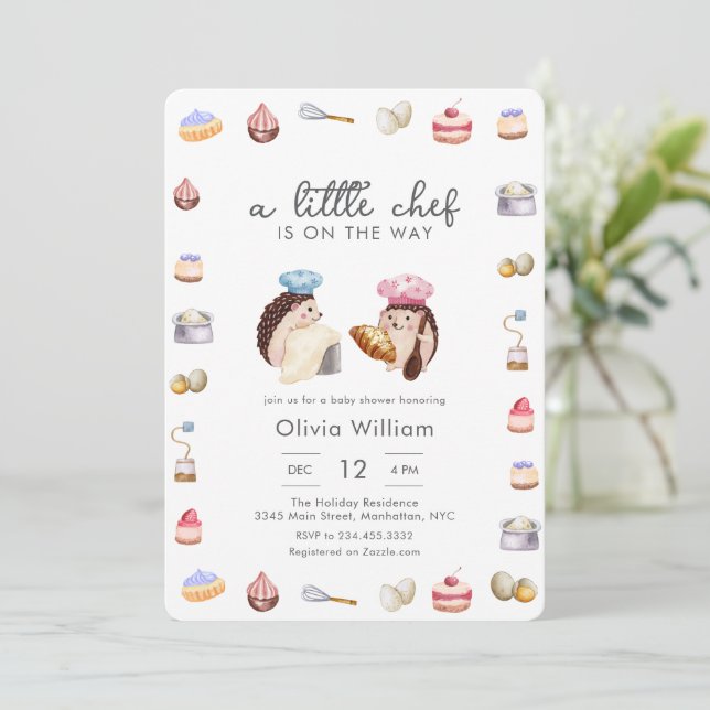 Convite Whimsical Hedgehog Little Chef Baker Baby Shower (Em pé/Frente)