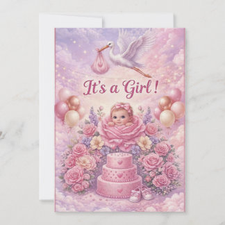 Convite Whimsical It's a Girl Stork Baby Shower 