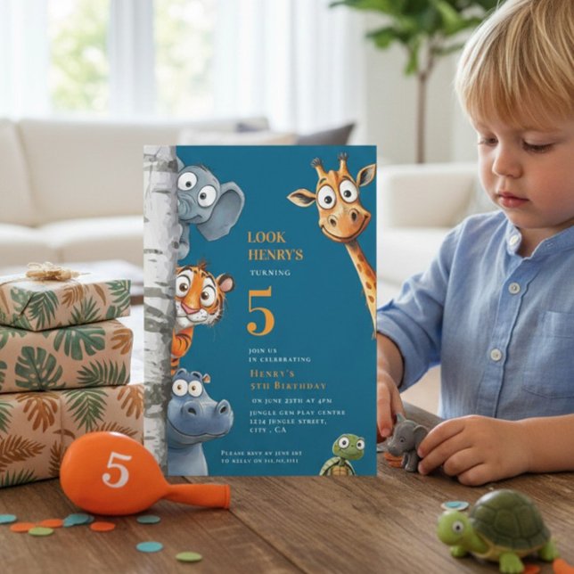 Convite Whimsical Jungle Animals Blue Birthday Invitation (Criador carregado)
