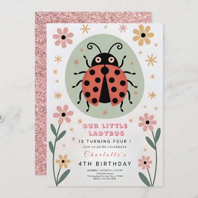 Convite Whimsical Ladybug Birthday (Frente/Verso)
