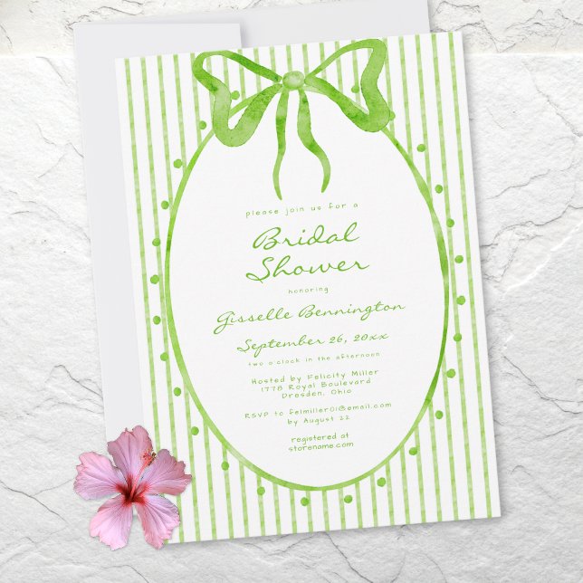 Convite Whimsical Lime Watercolor Bow Stripe Bridal Shower (Whimsical Lime Watercolor Bow Stripe Bridal Shower Invitation)