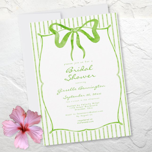 Convite Whimsical Lime Watercolor Bow Stripe Bridal Shower (Whimsical Lime Watercolor Bow Stripe Bridal Shower Invitation)