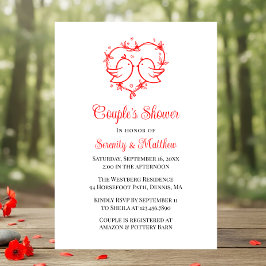 Convite Whimsical Lovebirds Boho Red Heart Bridal Shower