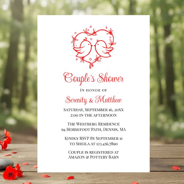 Convite Whimsical Lovebirds Boho Red Heart Bridal Shower (Criador carregado)
