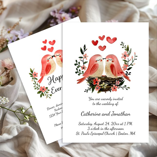 Convite Whimsical Lovebirds Pink Hearts Wedding | (Criador carregado)