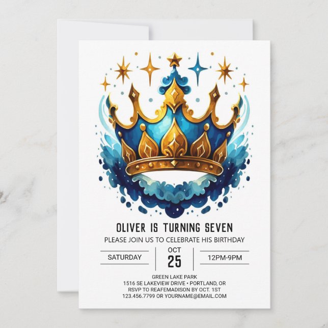 Convite Whimsical Online Prince Crown Aniversário (Frente)