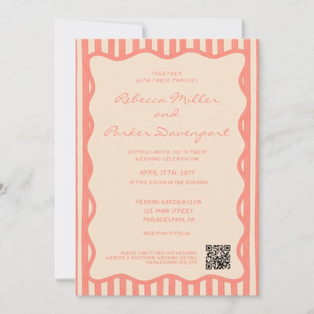 Convite Whimsical Painted Pinstripes Wedding QR Code (Frente)