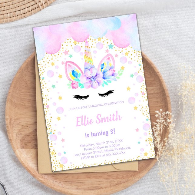 Convite Whimsical Pastel Fantasy Party Card for Girls (Purple Pink cloud Unicorn Invitations)