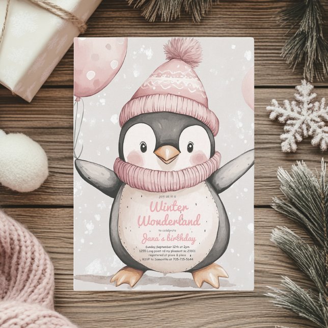 Convite Whimsical Penguin Birthday | Vintage Pink (Criador carregado)