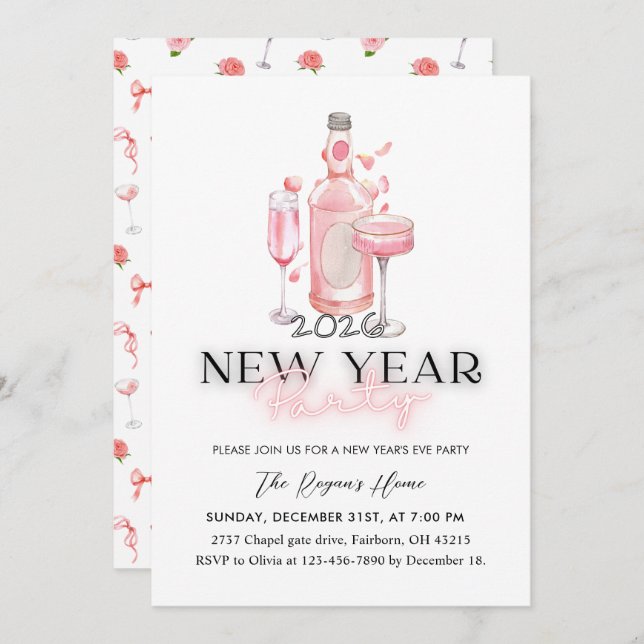 Convite Whimsical Pink 2026 New Year Party (Frente/Verso)