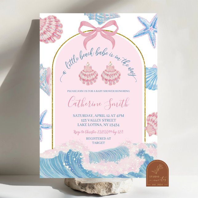 Convite Whimsical Pink and Blue Beach Babe Baby Shower (Criador carregado)
