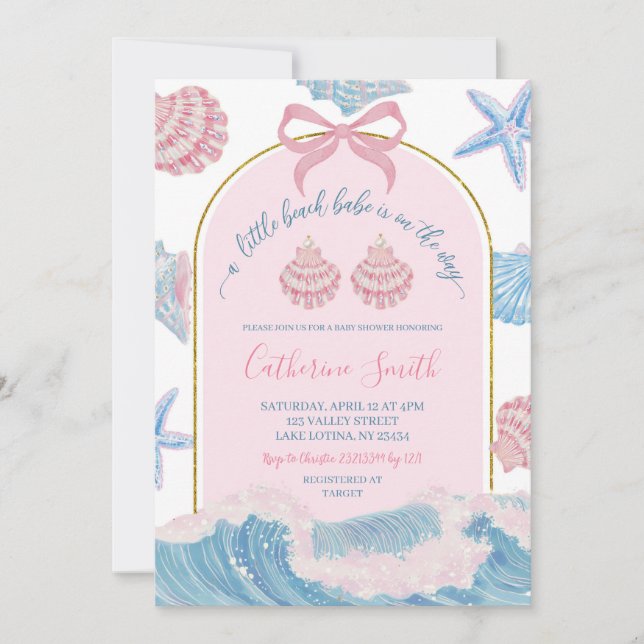 Convite Whimsical Pink and Blue Beach Babe Baby Shower inv (Frente)