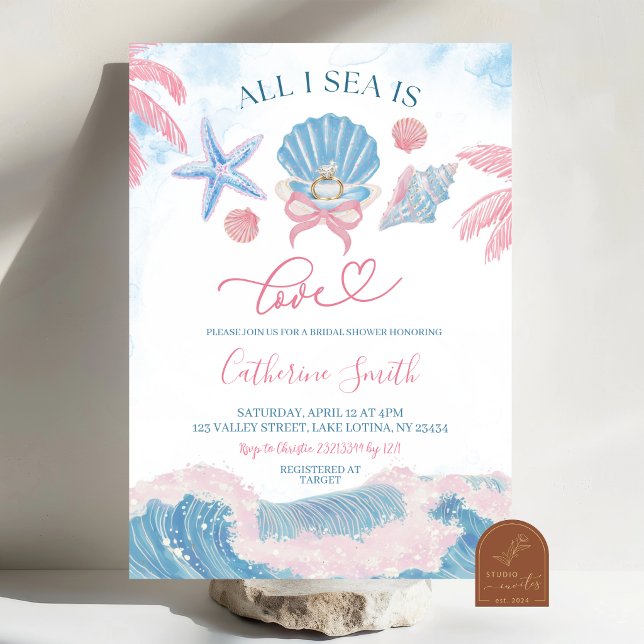 Convite Whimsical Pink Blue All I Sea is Love Bridal showe (Criador carregado)