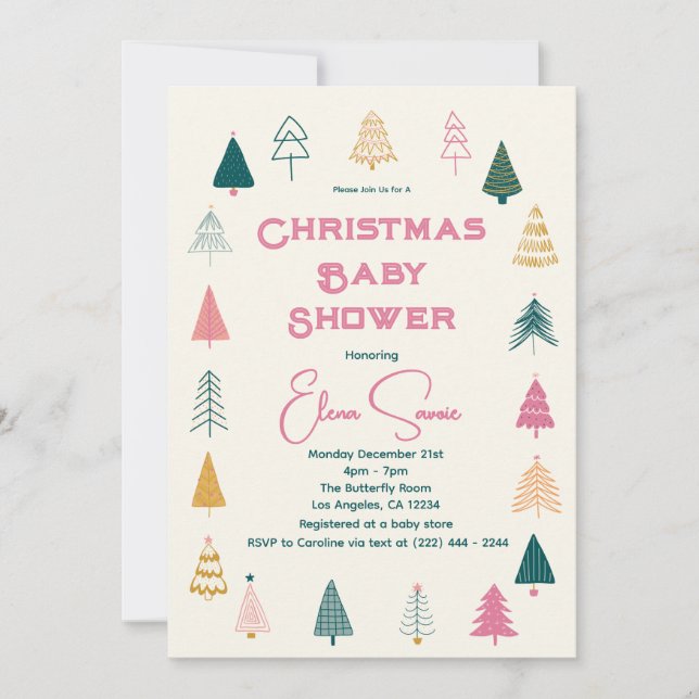 Convite Whimsical Pink & Green Christmas Tree Baby Shower (Frente)