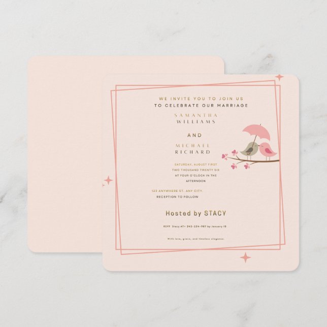 Convite Whimsical Pink Lovebirds Wedding Invitation (Frente/Verso)