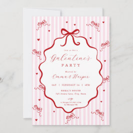 Convite Whimsical Pink Red Bow Heart Galentine's Party