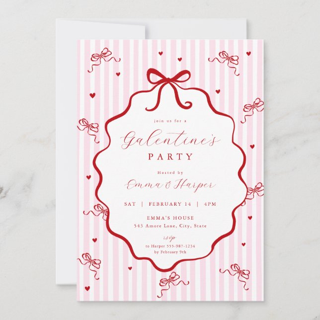 Convite Whimsical Pink Red Bow Heart Galentine's Party (Frente)