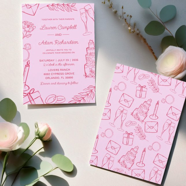 Convite Whimsical Pink & Red Hand-Drawn Wedding (Criador carregado)