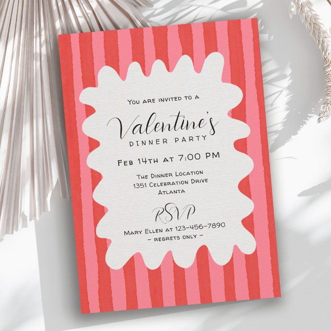 Convite Whimsical Pink Red Wavy Frame Valentines Dinner (Available in both printed and instant download digital formats.)